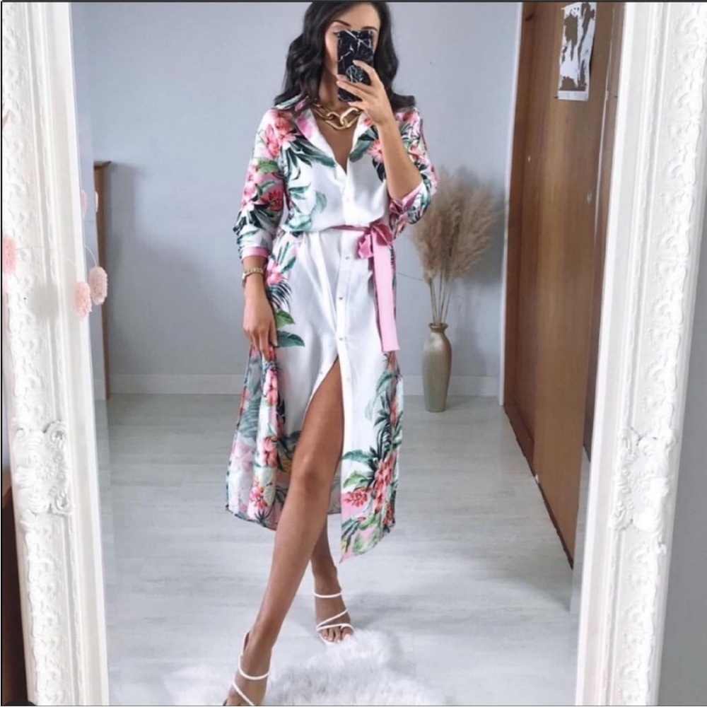 NWT Zara Pink and Green Tropical Resort wear Beach  Floral Shirt Dress Sz XL - Picture 5 of 16